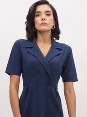 Women Blue Notch Collar Button Midi Dress