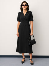 Women Black Notch Collar Button Midi Dress