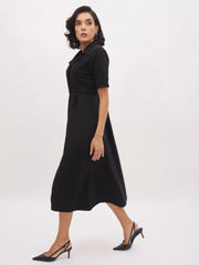 Women Black Notch Collar Button Midi Dress