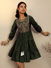 Olive Poplin Embroidered Round Neck Gathered Dress Pink Paprika By SASSAFRAS