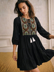 Women Black Poplin Embroidered Round Neck Gathered Dress