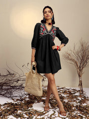 Black Poplin Embroidered V Neck Gathered Dress Pink Paprika By SASSAFRAS