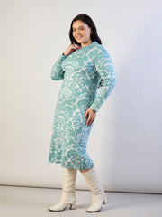 Blue Printed Acrylic Wool High Neck Midi Dress SASSAFRAS CURVE