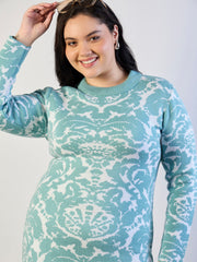 Blue Printed Acrylic Wool High Neck Midi Dress SASSAFRAS CURVE