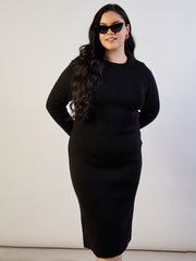 Black Solid Acrylic Wool High Neck Midi Dress SASSAFRAS CURVE