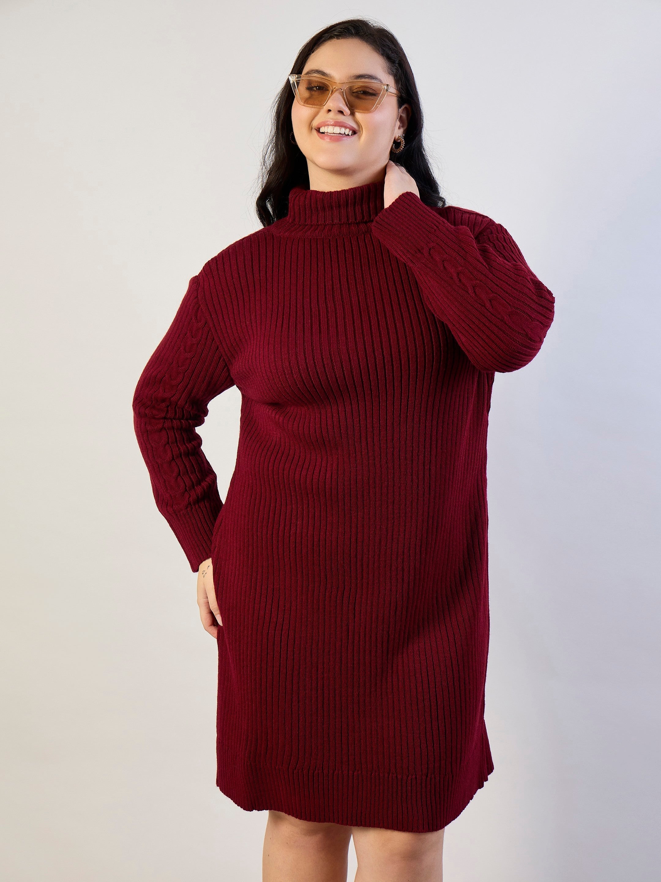 Maroon Acrylic Wool High Neck Short Dress SASSAFRAS CURVE