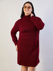 Maroon Acrylic Wool High Neck Short Dress SASSAFRAS CURVE