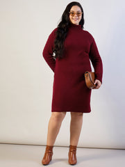 Maroon Acrylic Wool High Neck Short Dress SASSAFRAS CURVE