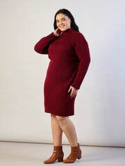 Maroon Acrylic Wool High Neck Short Dress SASSAFRAS CURVE