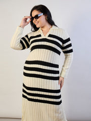 Black & White Striped Acrylic Wool Collar Midi Dress SASSAFRAS CURVE