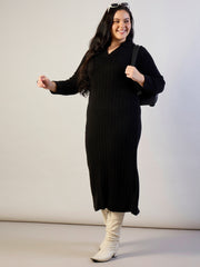 Black Solid Acrylic Wool Collar Midi Dress SASSAFRAS CURVE