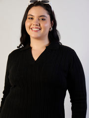 Black Solid Acrylic Wool Collar Midi Dress SASSAFRAS CURVE