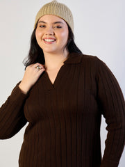 Brown Solid Acrylic Wool Collar Midi Dress SASSAFRAS CURVE