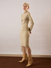 beige acrylic wool hem frindge detail midi dress sassafras