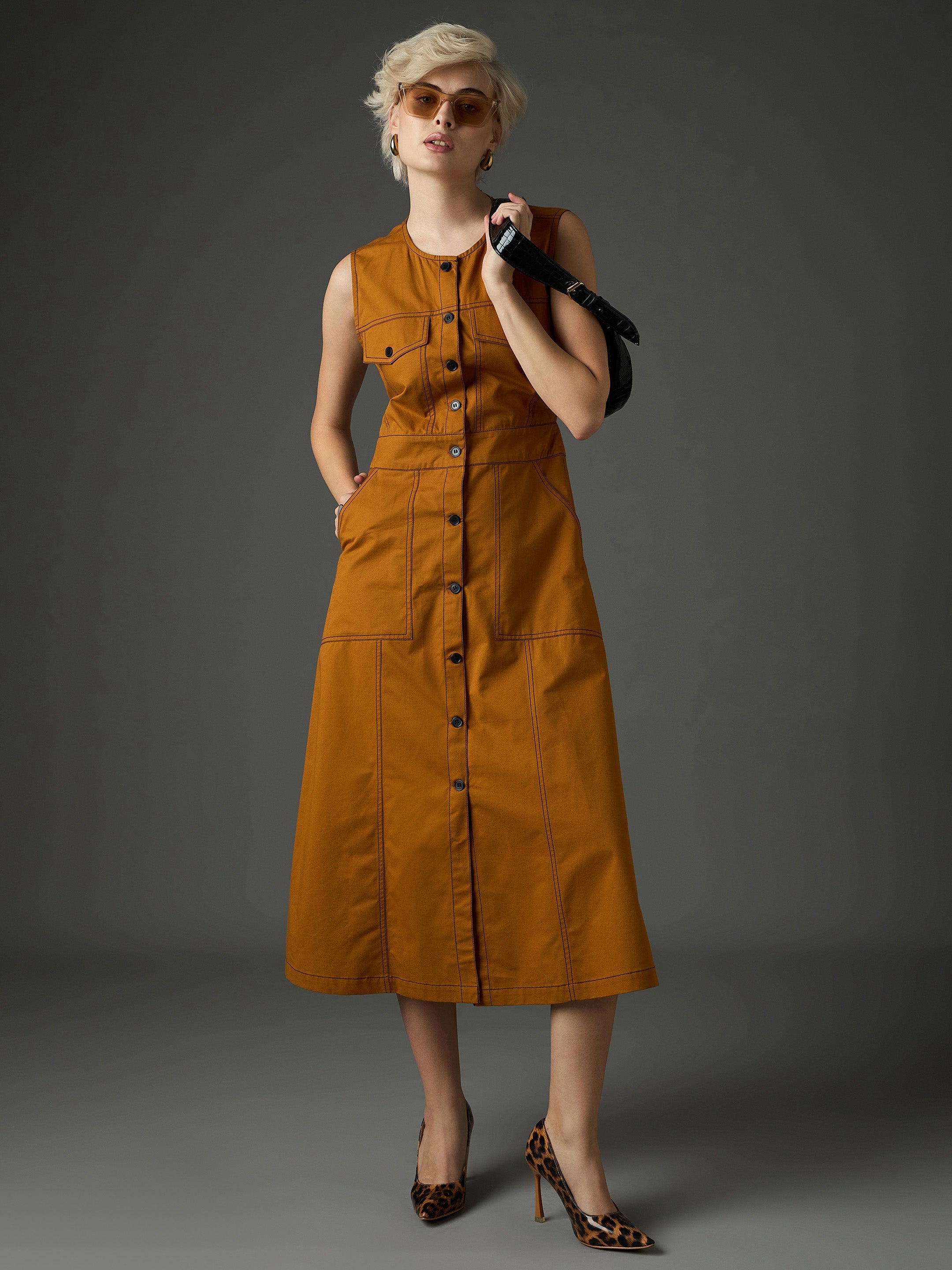 tan twill waist cut out midi dress sassafras