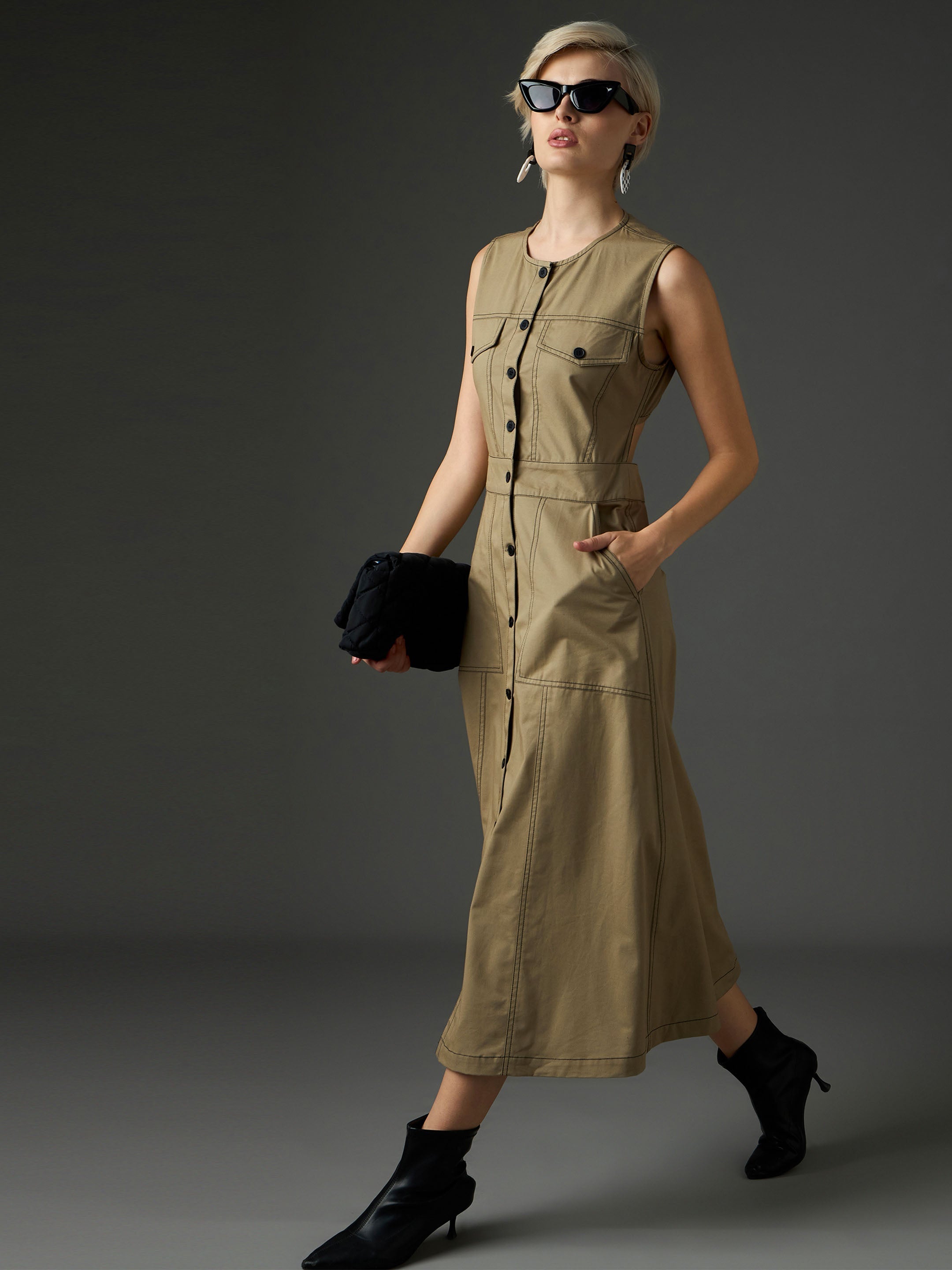 pastel olive twill waist cut out midi dress sassafras