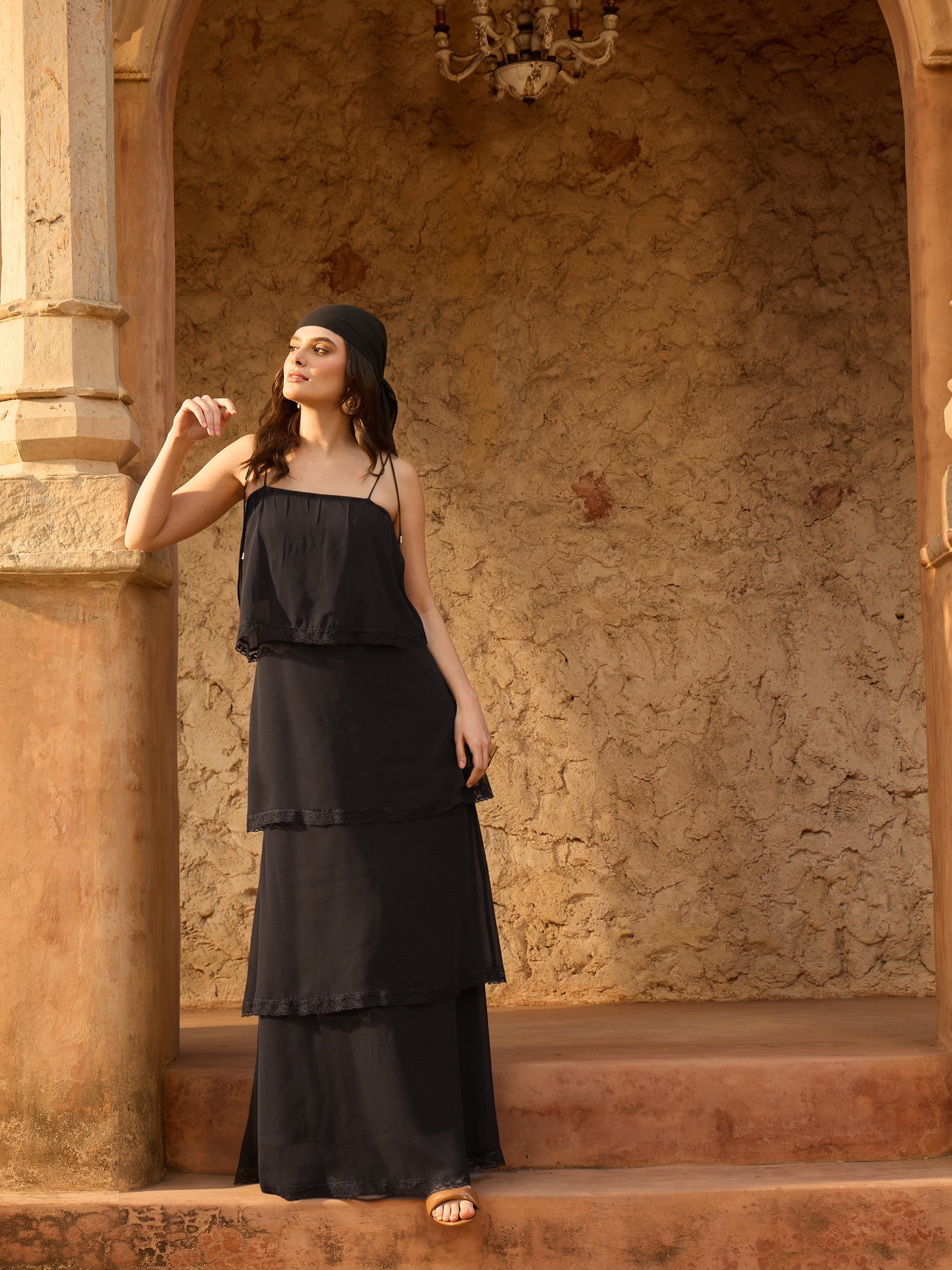 Black Frill Strappy Maxi Dress SASSAFRAS