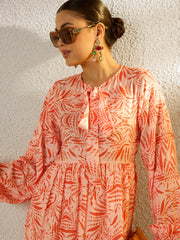 Orange Conversational Print Full Sleeves Maxi Dress SASSAFRAS