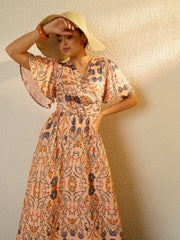 Peach Floral V Neck Short Sleeve Belted Maxi Dress SASSAFRAS