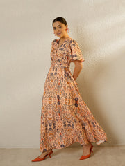 Peach Floral V Neck Short Sleeve Belted Maxi Dress SASSAFRAS