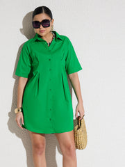 Women Green Poplin Shirt Dress