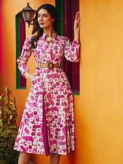 Women Pink Printed Kick Pleat Midi Dress