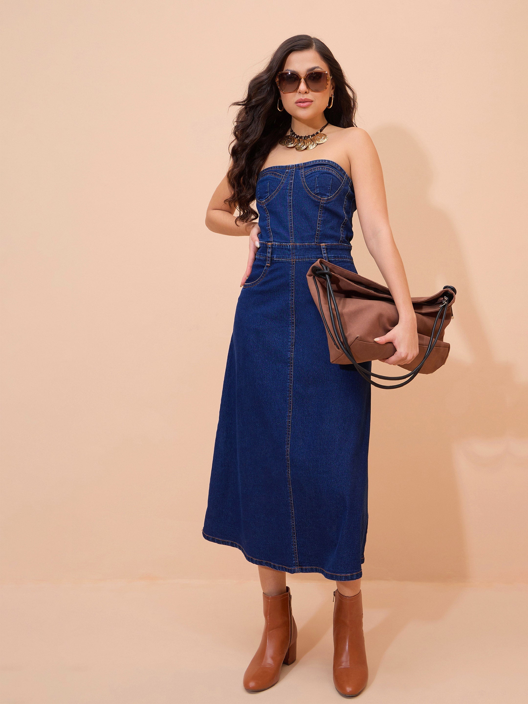 Navy Blue Denim Wash Tube Dress SASSAFRAS