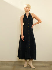 Women Black Denim Button Down Halter Neck Maxi Dress
