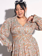 Pink Paisley Waist Cut Out Maxi Dress SASSAFRAS Curve