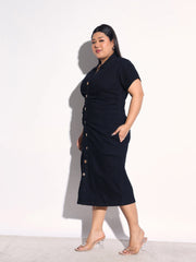 Black Blast Denim Front Ruching Bodycon Dress SASSAFRAS Curve