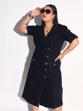 Black Blast Denim Wrap A Line Midi Dress SASSAFRAS Curve