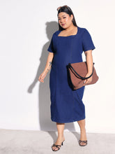 Navy Blue Denim Short Sleeves Bodycon Dress SASSAFRAS Curve