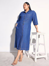 Navy Blue Tencel Button Down Shirt Midi Dress SASSAFRAS Curve