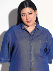 Navy Blue Tencel Button Down Shirt Midi Dress SASSAFRAS Curve