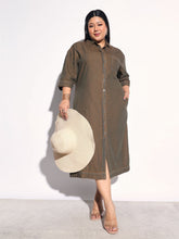 Green Wash Tencel Button Down Shirt Midi Dress SASSAFRAS Curve