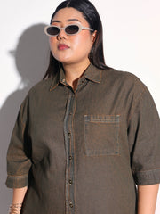 Green Wash Tencel Button Down Shirt Midi Dress SASSAFRAS Curve