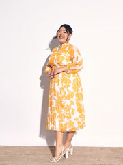 Yellow & White Floral Pleated Midi Dress SASSAFRAS Curve