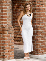 Women Off-White Crochet Round Neck Strappy Beach Maxi Dress