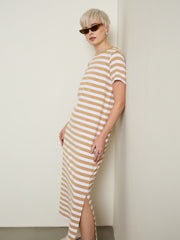Women Beige & White Stripes Short Sleeves T-Shirt Maxi Dress