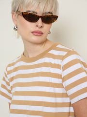 Women Beige & White Stripes Short Sleeves T-Shirt Maxi Dress