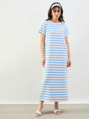 Women Blue & White Stripes Short Sleeves T-Shirt Maxi Dress
