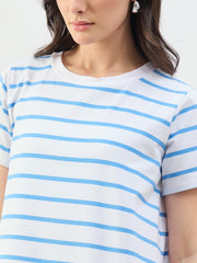 Women Blue & White Stripes Short Sleeves T-Shirt Maxi Dress