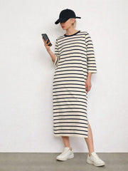 Women Beige & Navy Stripes Long Sleeves T-Shirt Maxi Dress