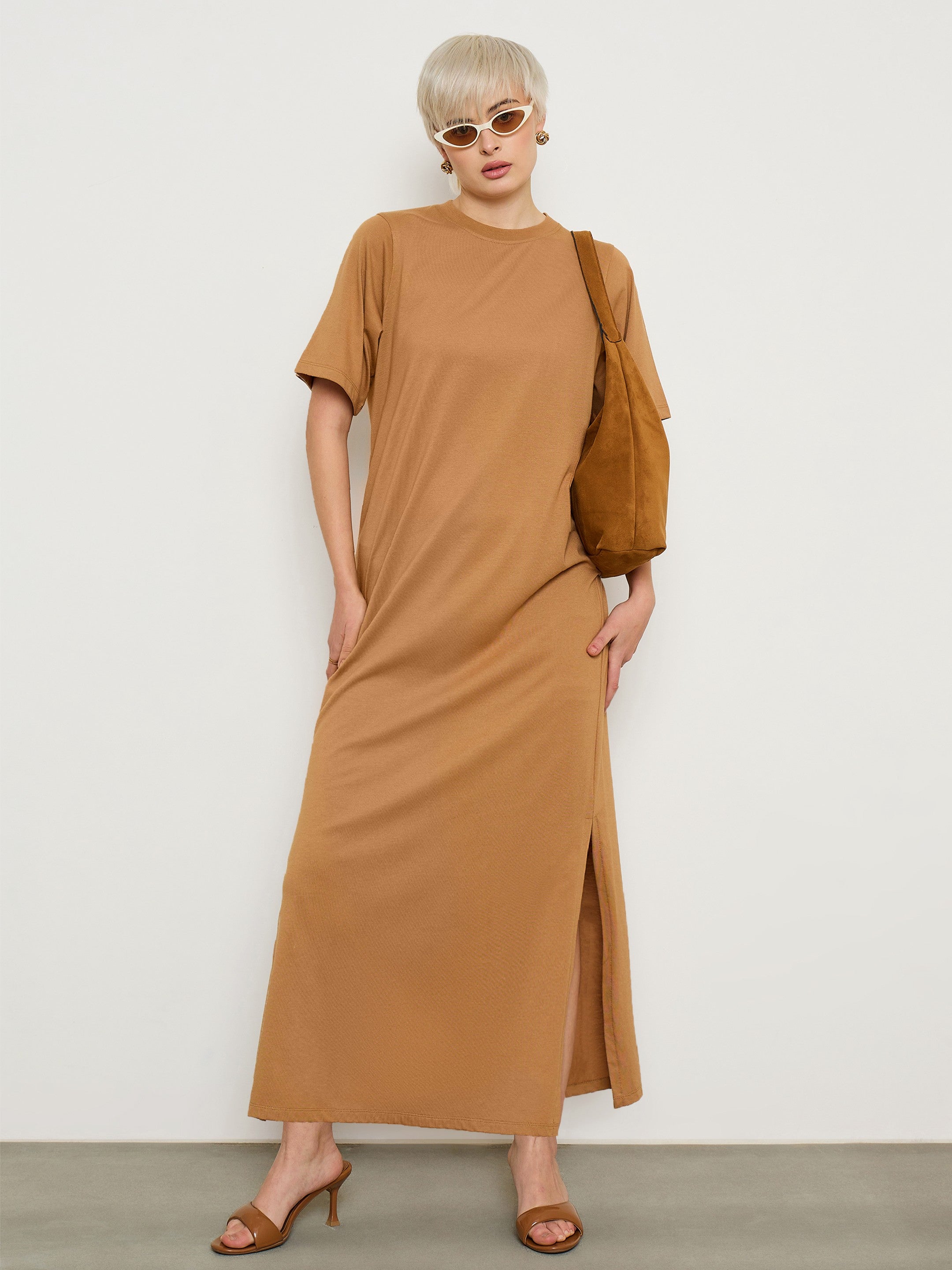 Tan Oversized Round Neck T Shirt Maxi Dress SASSAFRAS BASICS