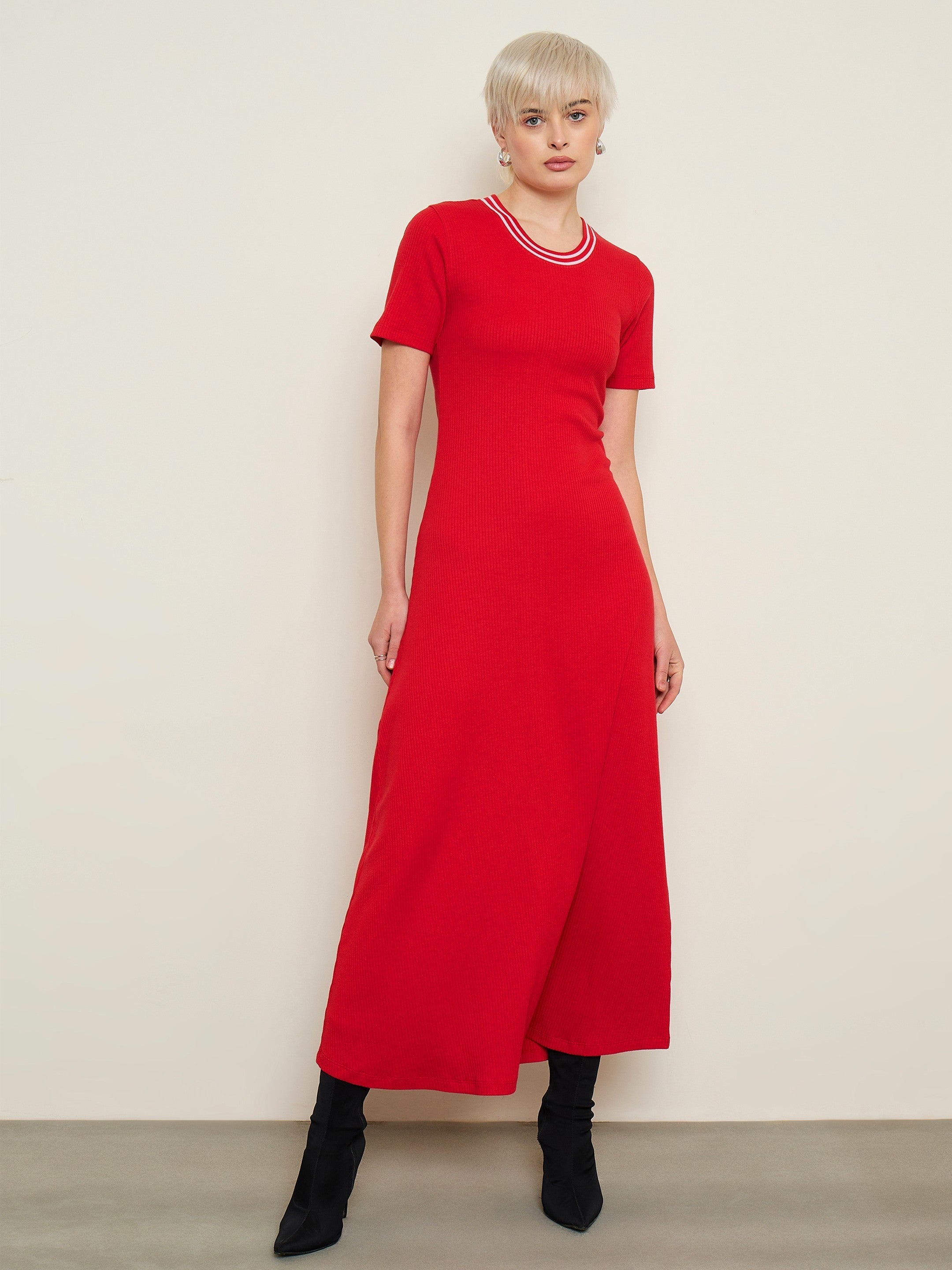 Red Short Sleeves Striped Ribbed Neck Maxi Dress SASSAFRAS BASICS