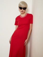Red Short Sleeves Striped Ribbed Neck Maxi Dress SASSAFRAS BASICS