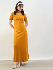 Mustard Short Sleeves Striped Ribbed Neck Maxi Dress SASSAFRAS BASICS