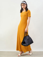 Mustard Short Sleeves Striped Ribbed Neck Maxi Dress SASSAFRAS BASICS