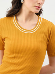 Mustard Short Sleeves Striped Ribbed Neck Maxi Dress SASSAFRAS BASICS