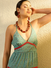 Women Turquoise Blue Ditsy Floral Strappy Tiered Maxi Dress